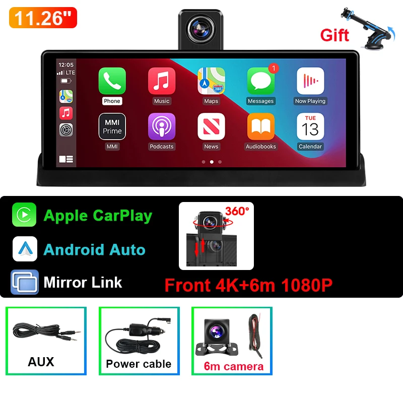 (dual 6m, Desbloqueado Para Sim) Câmera Veicular 4k De 11,26 Polegadas Com Carplay Sem Fio E Gps De Lente Dupla