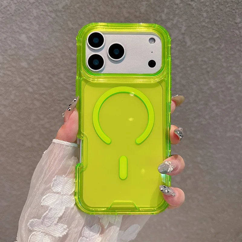 (verde Fluorescente, Iphone 15) Capa Protetora Magnética 3 Em 1, Reforçada, Compatível Com Carregamento Sem Fio Magsafe.
