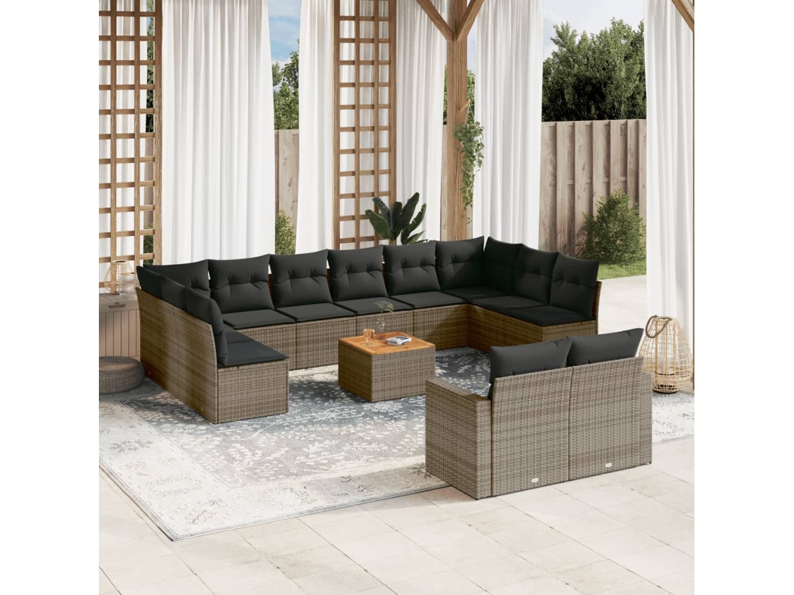 Vidaxl 13 Pcs Conjunto Sofás P/ Jardim C/ Almofadões Vime Pe Cinzento
