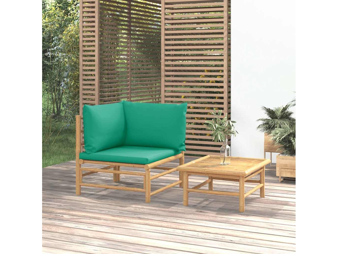 Vidaxl 2 Pcs Conjunto Lounge De Jardim Bambu C/ Almofadões Verdes