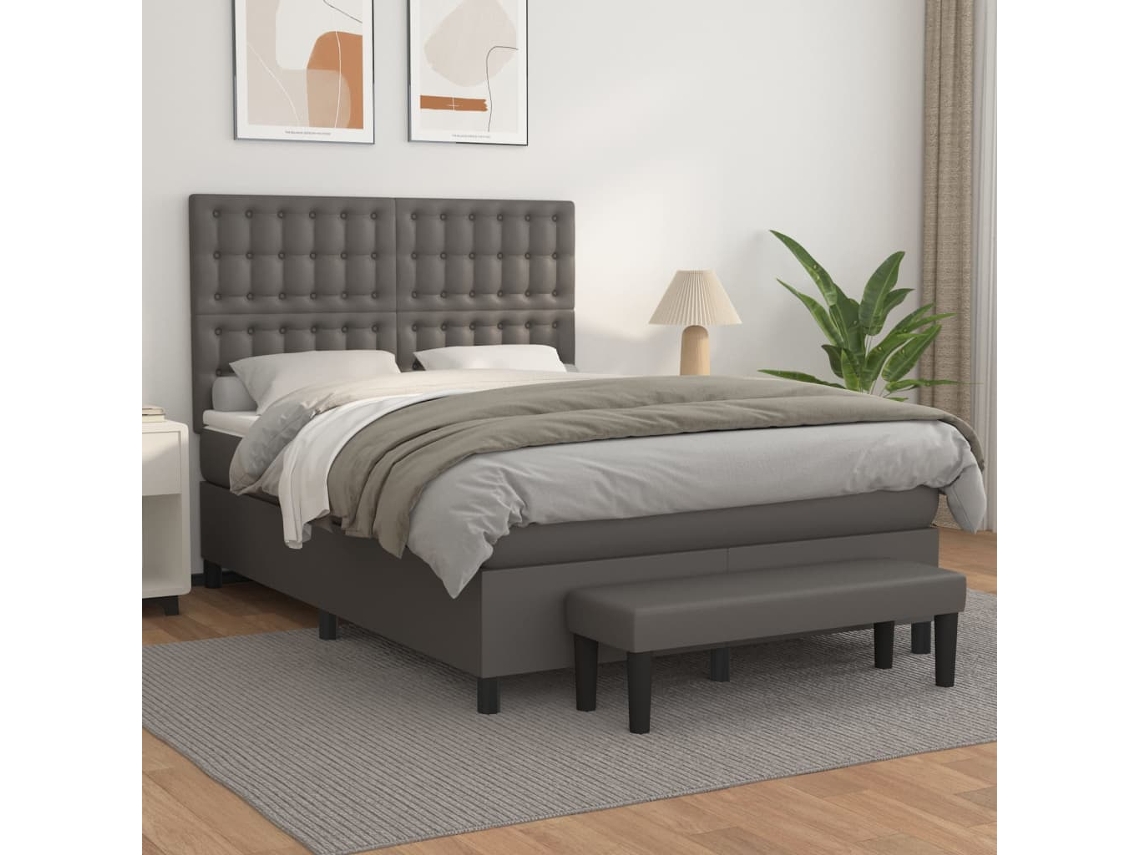 Vidaxl Cama Com Molas/colchão 140x190 Cm Couro Artificial Cinzento