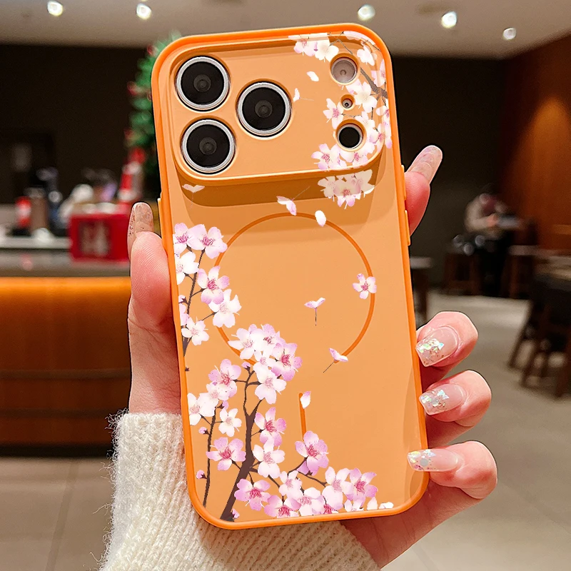 Capa Magnética Para Celular Com Estampa De Flores Rosa (laranja) Para Iphone 14, Capa Rígida Para Celular.