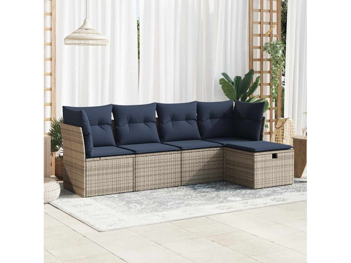 Vidaxl 5 Pcs Conjunto Sofás De Jardim C/ Almofadões Vime Pe Cinzento