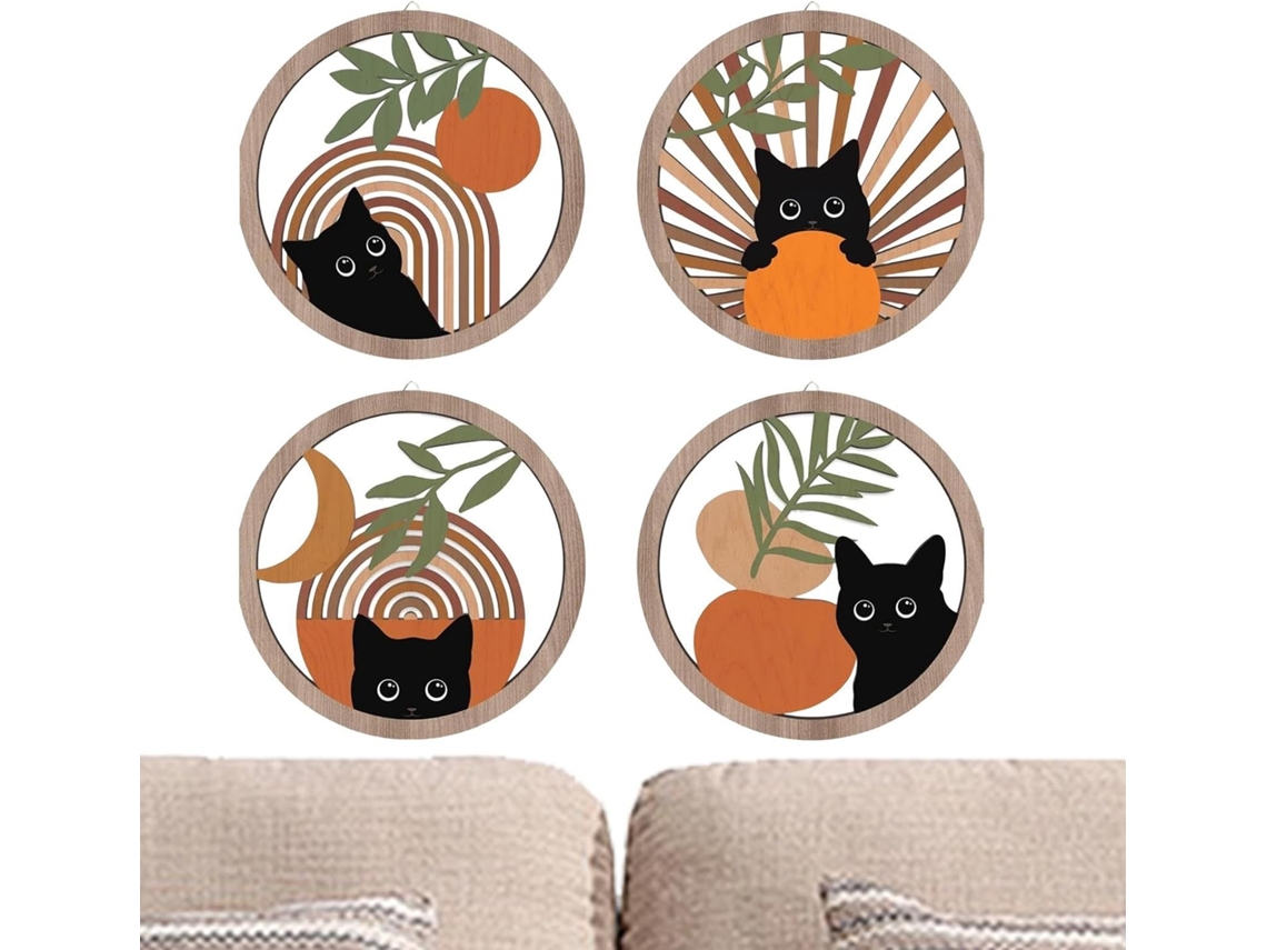 Decoração de Parede Boho Gato, Conjunto 4 Peças com Preto em Madeira Arte Geométrica Abstrata CHABERLU