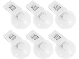 Conjunto de 6 clipes de ventosa multifuncionais brancos para organização doméstica e automotiva, fixação segura para armazenamento.
