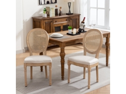 Conjunto 2 Cadeiras Jantar Rattan Madeira Maciça Linho Creme Bege
