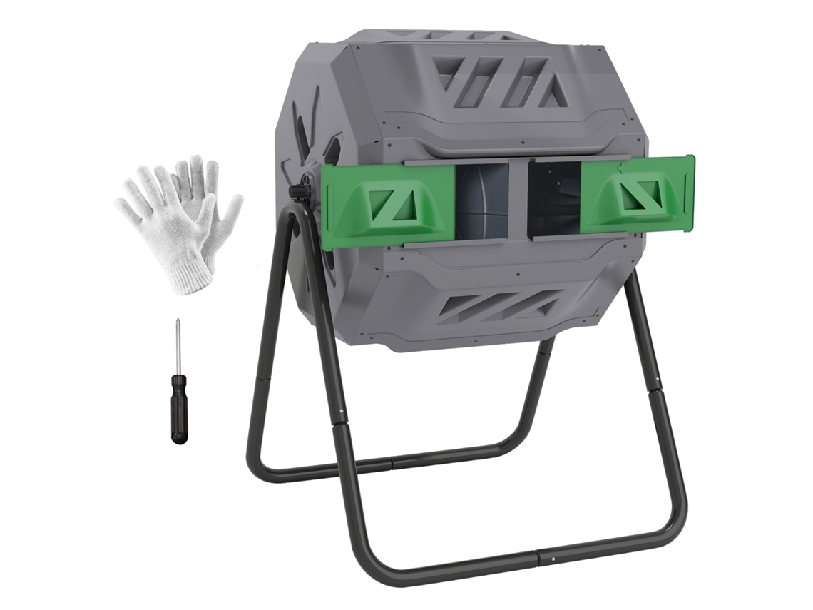 Compostador de jardim giratório, aço e PP, 160L, 71x65x96cm, cinza