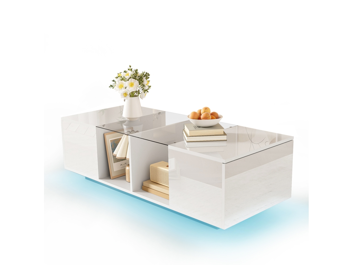 Mesa Centro Branca Led 120x50x38.5 Brilho Sala Moderna Elegante