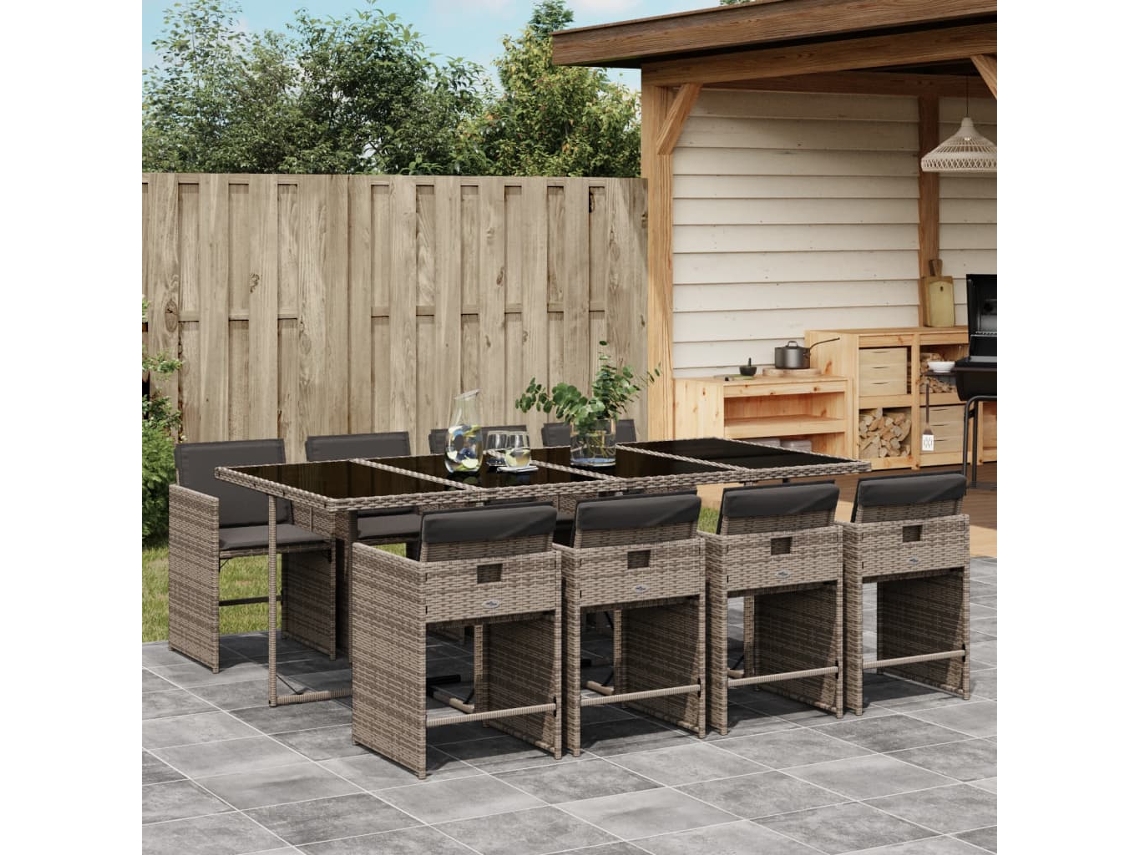Vidaxl 9 Pcs Conjunto De Jantar P/ Jardim C/ Almofadões Vime Pe Cinza