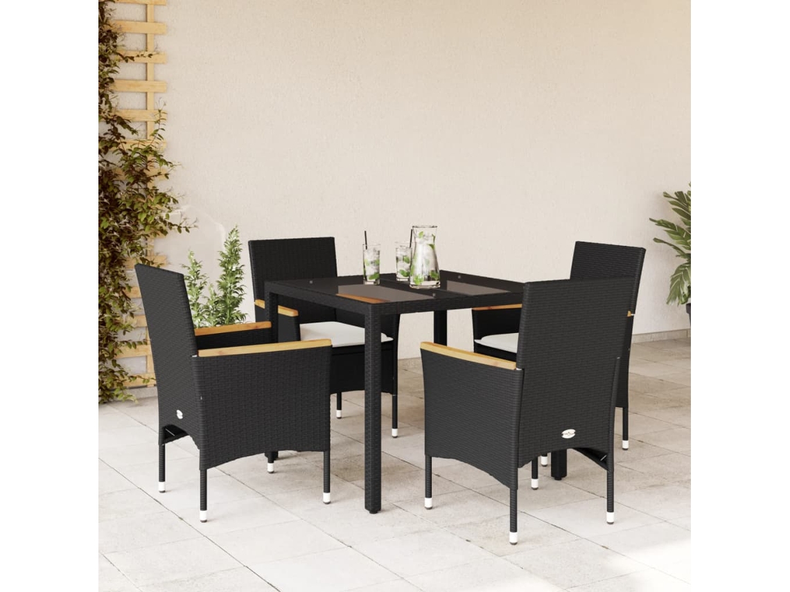 Vidaxl 5 Pcs Conjunto Jantar Jardim C/almofadões Vime Pe/vidro Preto