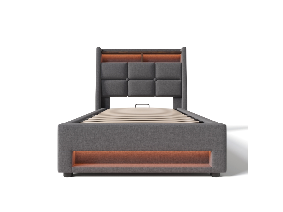 Cama Estofada PAPRIKA 90x200cm com Usb e Led, estrutura Metálica e Ripas, para Quarto Juvenil, com Colchão