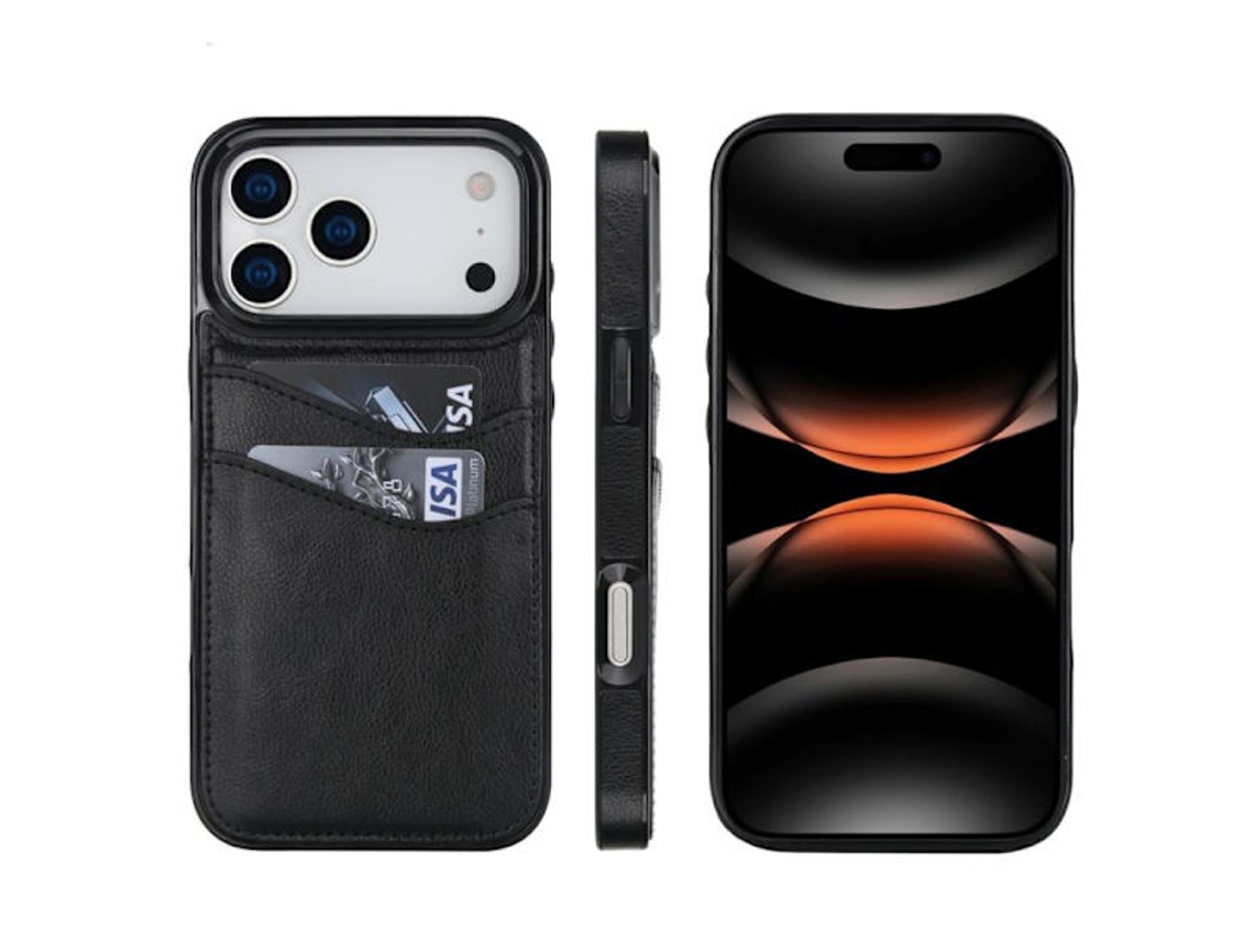 Capa Para Iphone 17 Pro Max - Couro Lichia Com Compartimento Para Cartão Preta