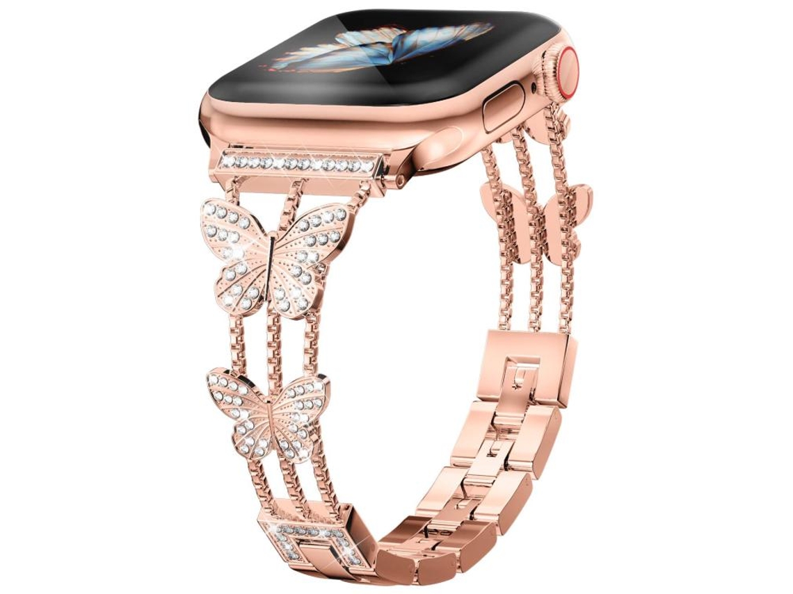 Bracelete para Apple Watch 42/41/40/38mm Metal com Diamante em Formato de Borboleta Ouro Rosa XIAOMOYU