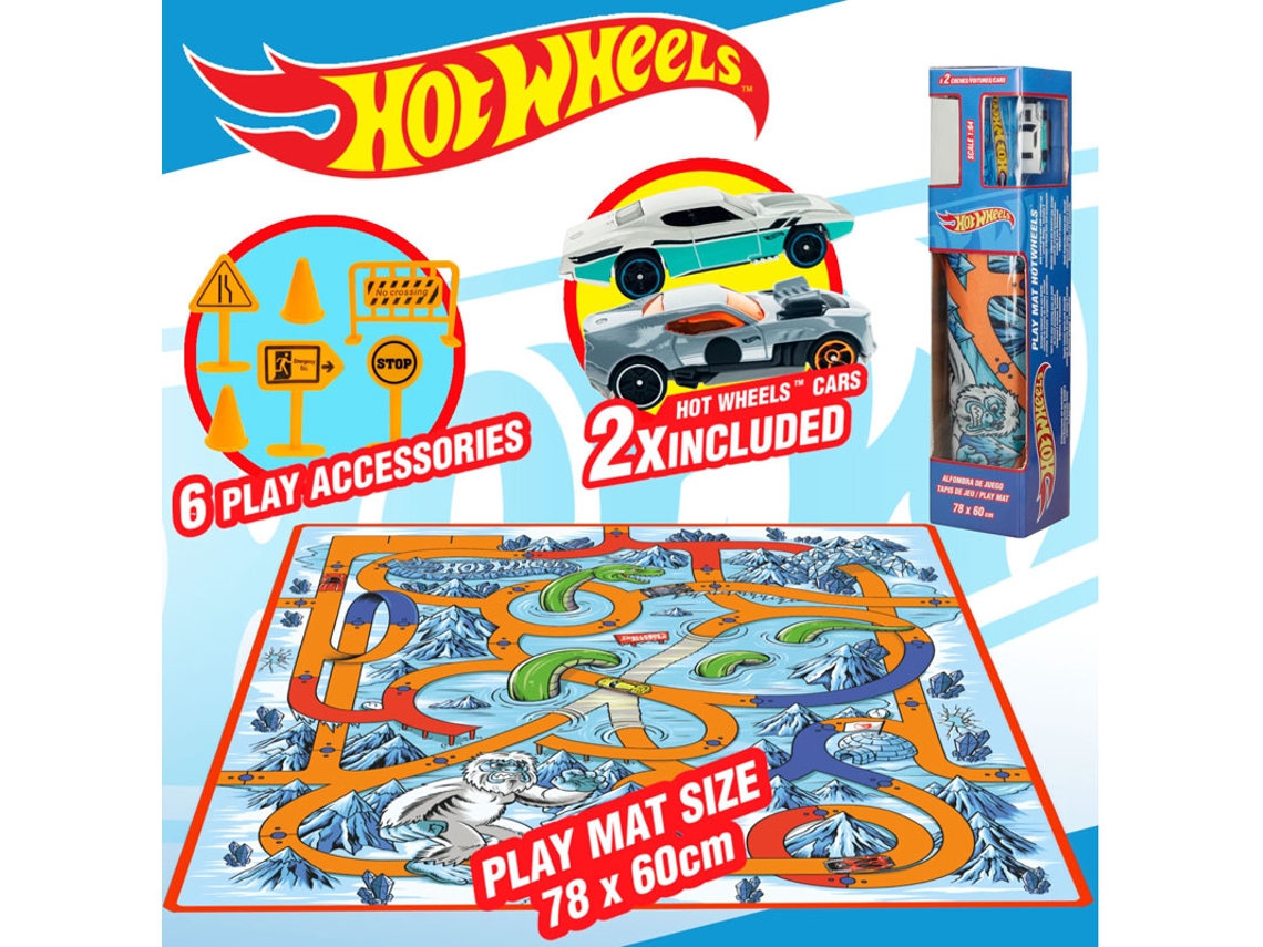 Tapete De Jogo Hot Wheels Medindo 80x60 Cm Com 2 Carrinhos E Placas.