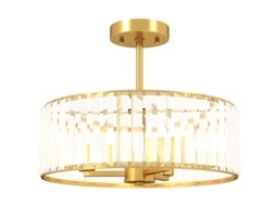 Lustre De Teto, Design Tipo Candelabro, Cúpula De Cristal, 3 Lâmpadas, Metal Dourado.