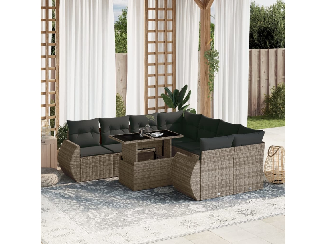 Vidaxl 9 Pcs Conjunto Sofás P/ Jardim Com Almofadões Vime Pe Cinzento