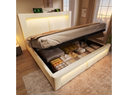 Cama Casal 140x200 Cm Com Baú, Box Hidráulico, Luz Led Com Controle Via App, Portas Usb E Type-c, Veludo, Cabeceira Curva, Bege, Sem Colchão.