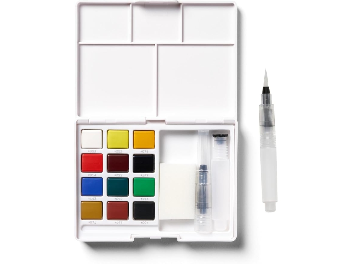 Caixa De Bolso Aquarela 12 Cores, Conjunto De Aquarela Com Pote De Pincel, Paleta E Esponja Zeuxo