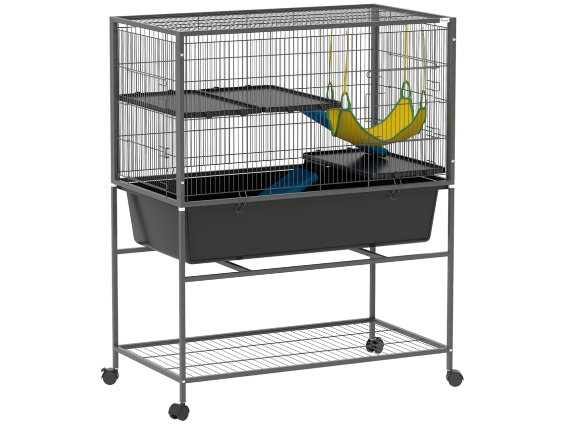 Gaiola para Animais Pequenos de 3 Níveis com Rodas Rampas e Bandeja Amovível Recinto para Roedores 88x48x102 Cm Cinza Escuro pt