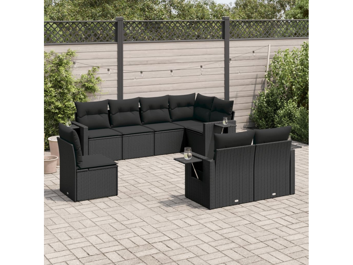 Vidaxl 8 Pcs Conjunto Sofás De Jardim Com Almofadões Vime Pe Preto