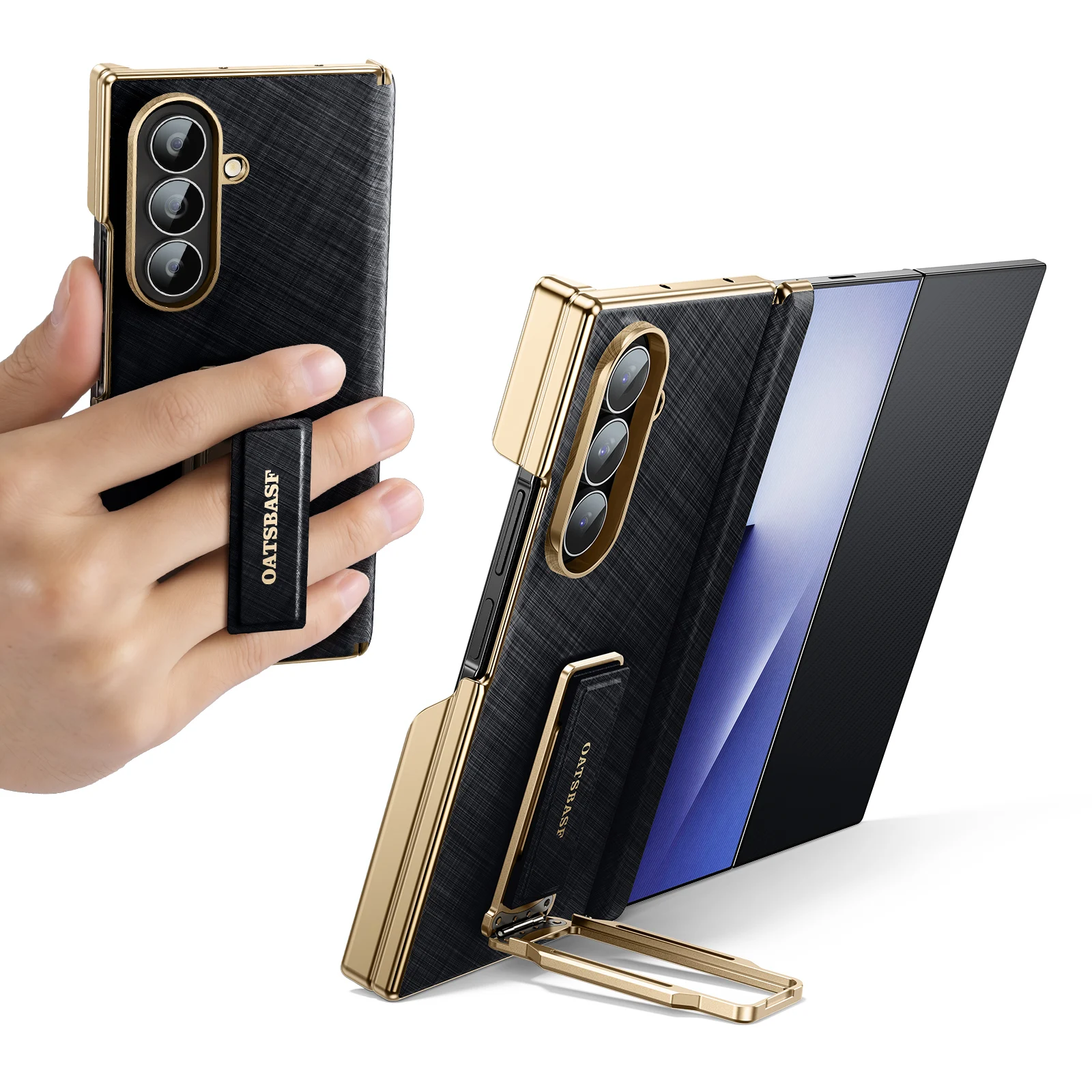 Capa De Couro Genuíno Para Celular (preta, Dobrável Em Três Partes, Para Samsung Galaxy Z) Com Suporte Giratório De 360° E Estrutura Metálica.