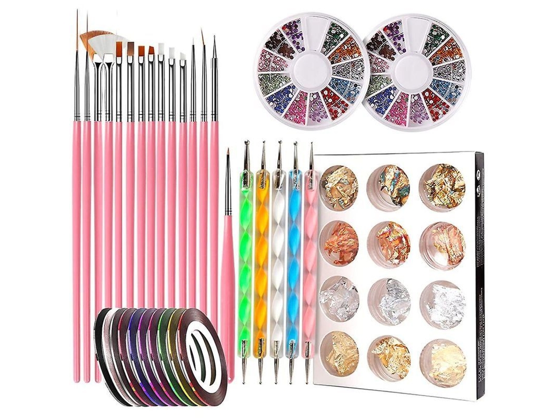 Kit de Design de Unhas com 15 Pincéis, Ferramenta de Pontilhado, Foil, Fita e Strass Coloridos