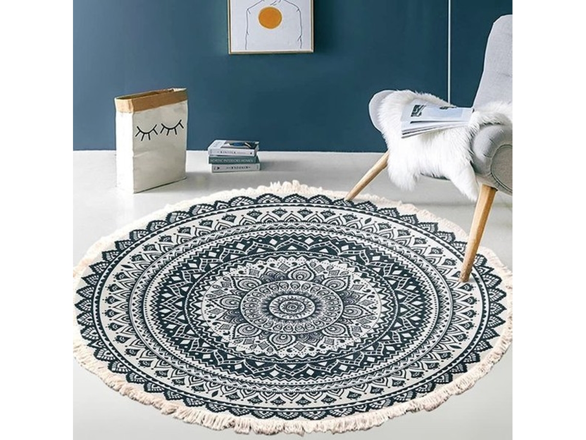 Tapete Vintage Boho - Mandala - Padrão - Lava - Fio De Ar - Carpete Redondo Com Borlas - 80 Cm - Poliéster/algodão