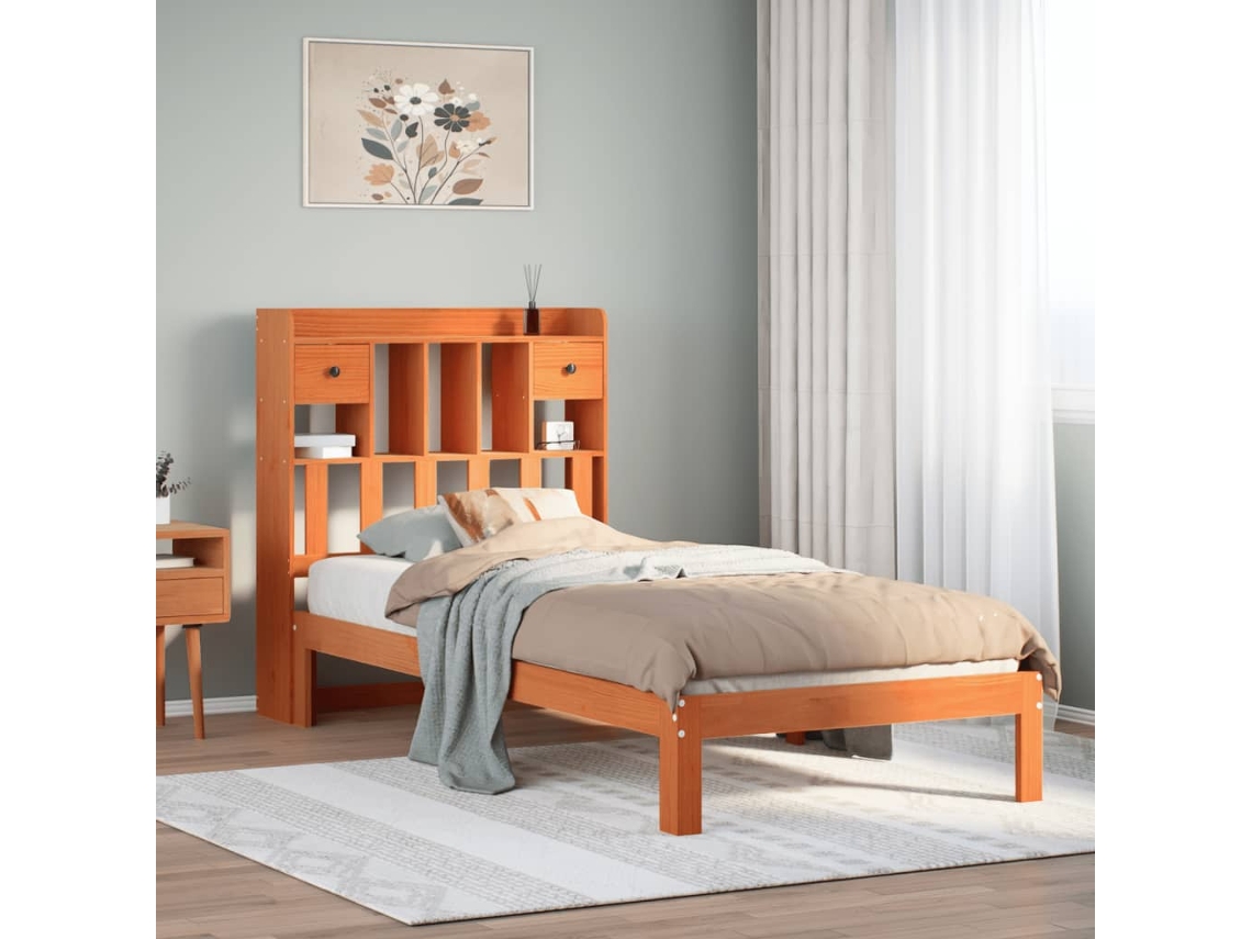 Vidaxl Cama Com Estante Sem Colchão 75x190cm Pinho Maciço Castanho-mel