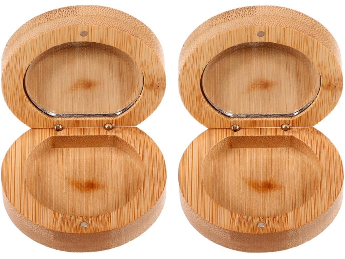 Espelho duplo compacto para bolsa em bambu com reflexo detalhado, design de 2 peças