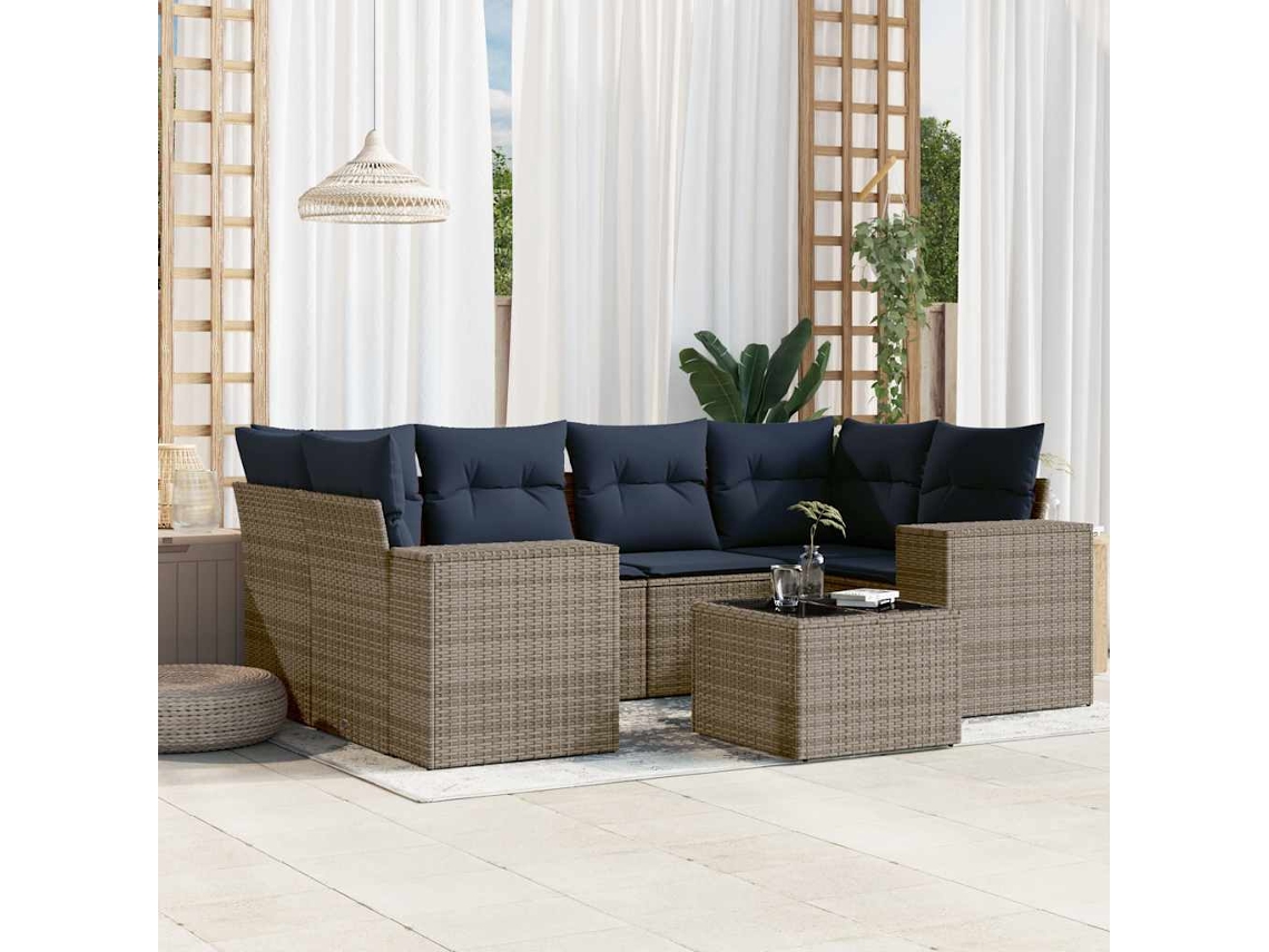 Vidaxl Conjunto De Sofá De Jardim Com 7 Peças E Almofadas Em Rattan Sintético Cinza