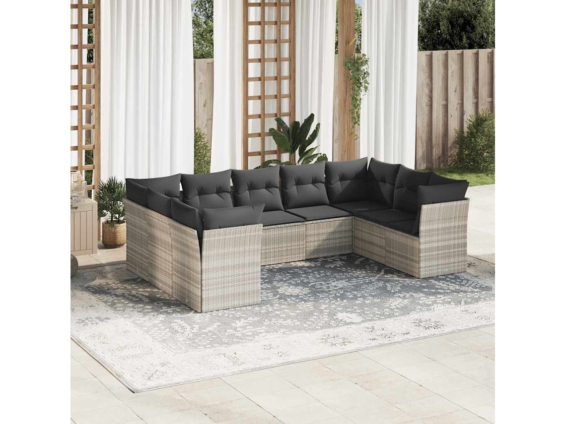 Vidaxl 9 Pcs Conj. Sofás Jardim Com Almofadões Vime Pe Cinzento-claro