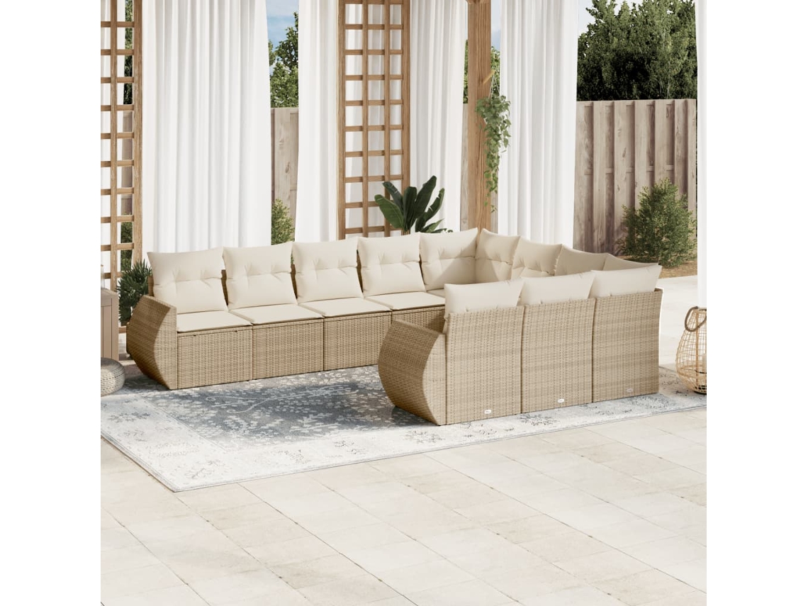 10 Pcs Conjunto De Sofás P/ Jardim Com Almofadões Vime Pe Bege Dkd Home Decor