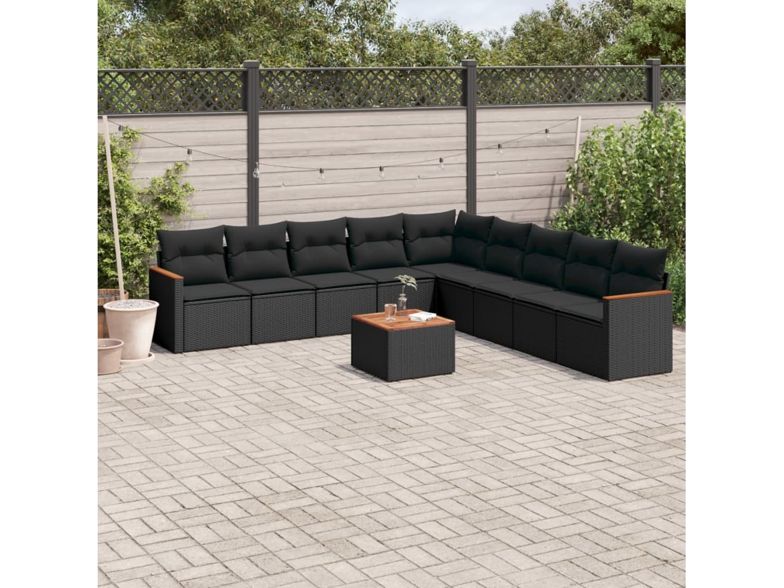 Vidaxl 10 Pcs Conjunto Sofás De Jardim C/ Almofadões Vime Pe Preto