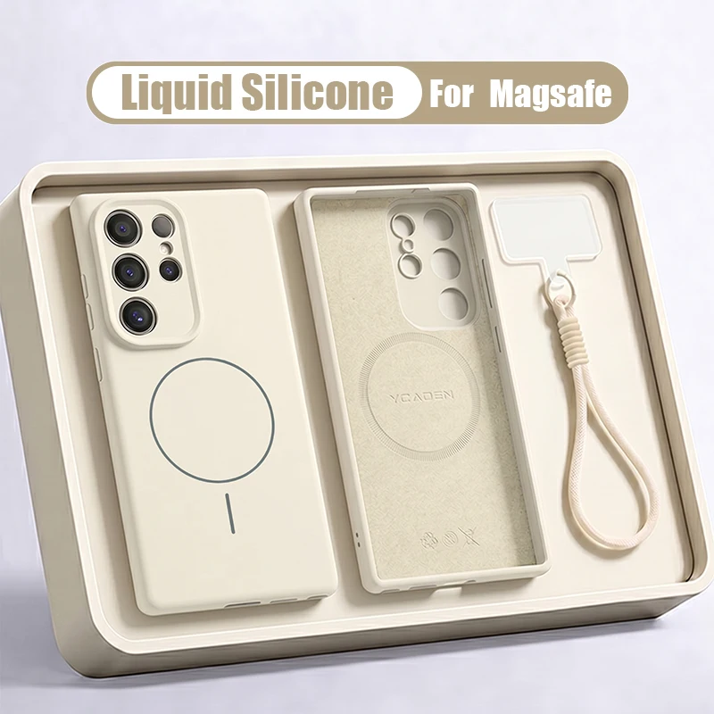 Capa Para Celular Galaxy S23 Ultra Em Silicone Líquido (branco-creme) Com Cordão Magnético, Resistente A Impactos.