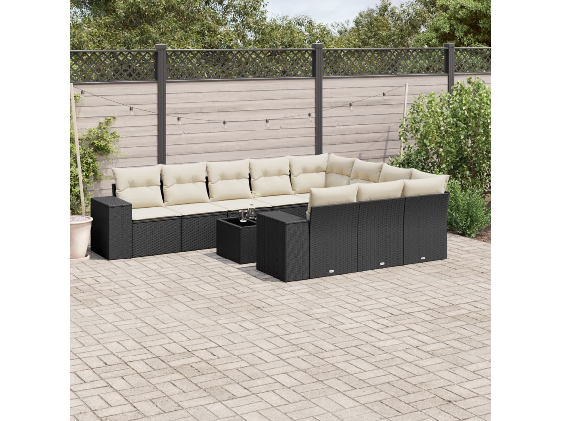 Vidaxl 11 Pcs Conjunto Sofás De Jardim C/ Almofadões Vime Pe Preto