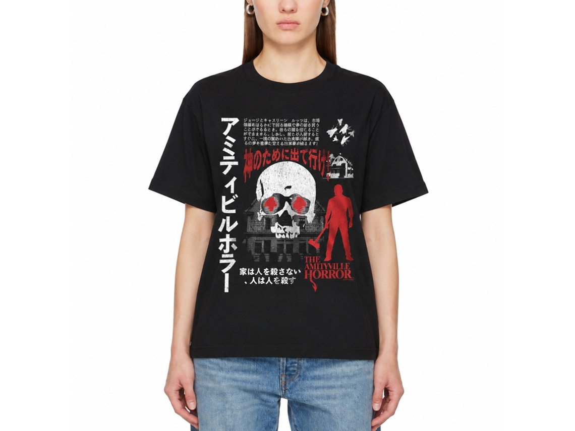 Rockinstone Amityville Horror Movie Japanese Text Black Adult T-shirt Size:l