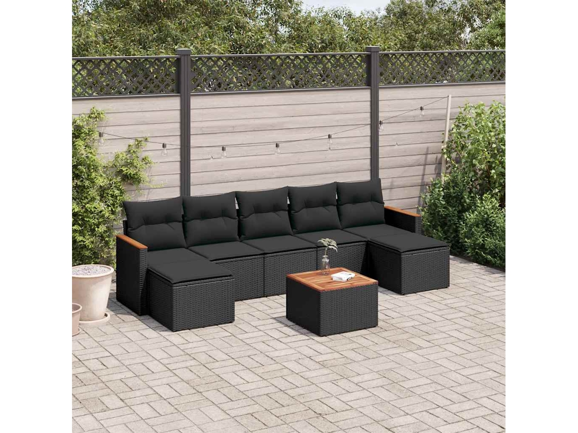 Vidaxl 8 Pcs Conjunto Sofás De Jardim Com Almofadões Vime Pe Preto
