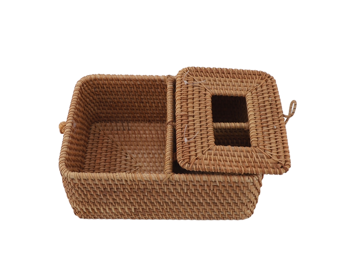 Caixa de Papel Higiênico de Rattan Quadrada S/MARCA Artesanal com 2 Compartimentos para Armazenamento e Decoração