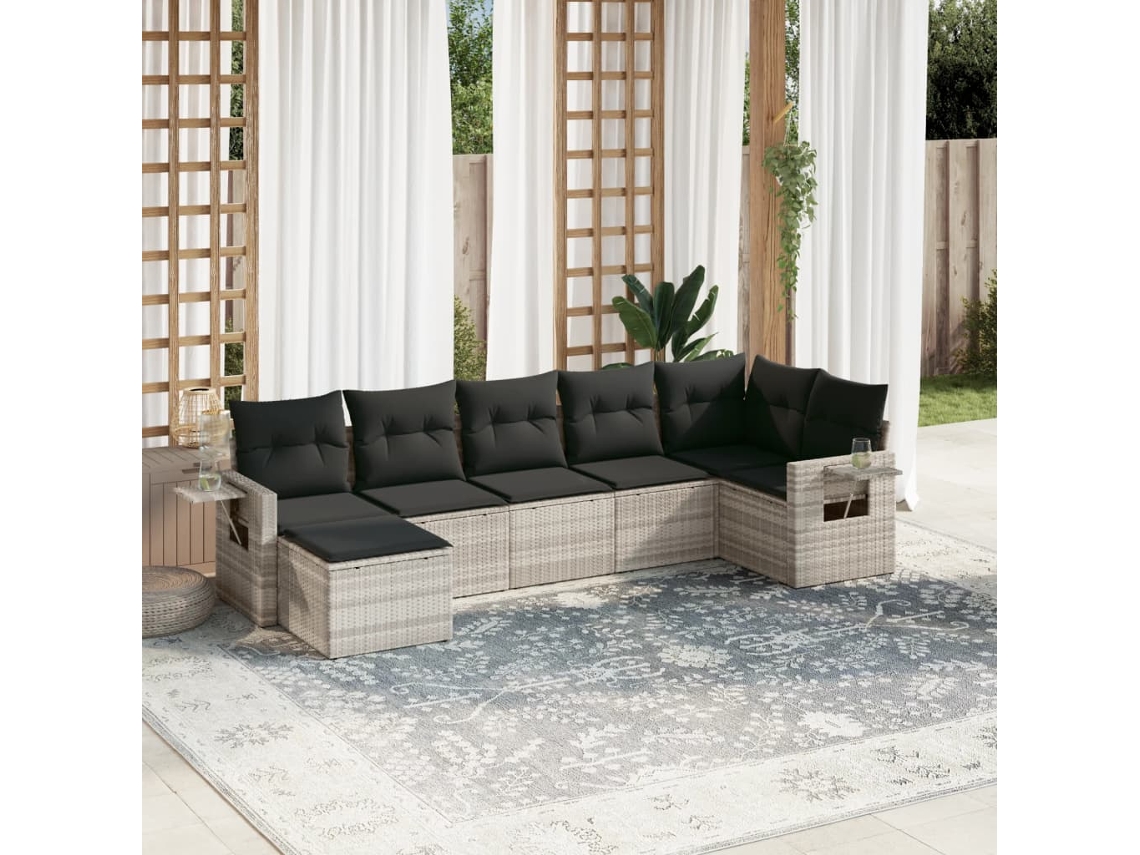 Vidaxl 7 Pcs Conj. Sofás Jardim Com Almofadões Vime Pe Cinzento-claro