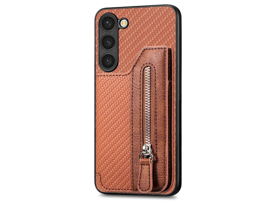 Capa Tipo Carteira Com Zíper E Aba Em Fibra De Carbono Para Samsung Galaxy S23+ 5g