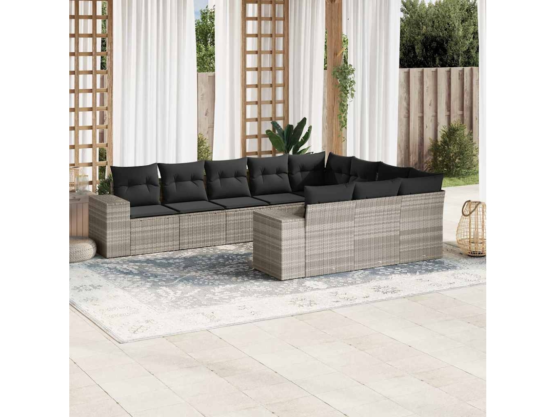 Vidaxl 10 Pcs Conj. Sofás Jardim com Almofadões Vime Pe Cinzento claro