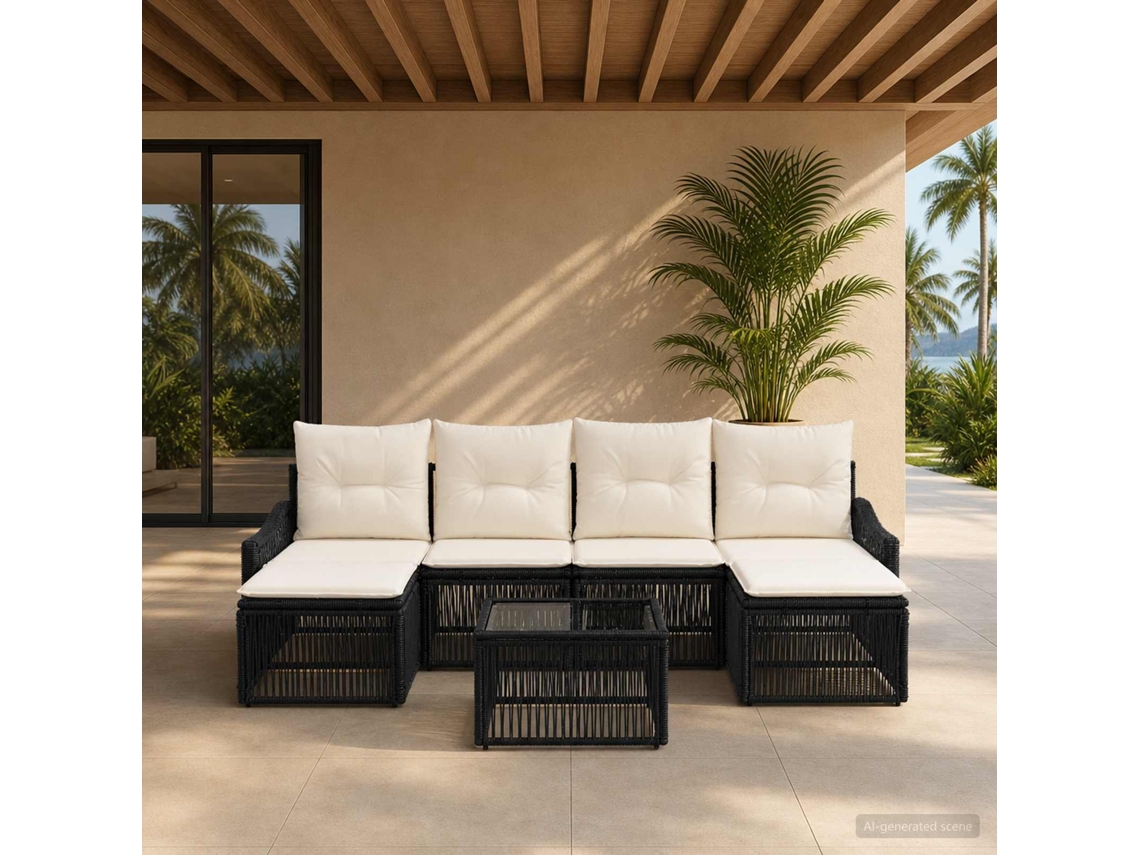 Vidaxl Conjunto De Sofá De Jardim 7 Unid. Preto Vime Pe