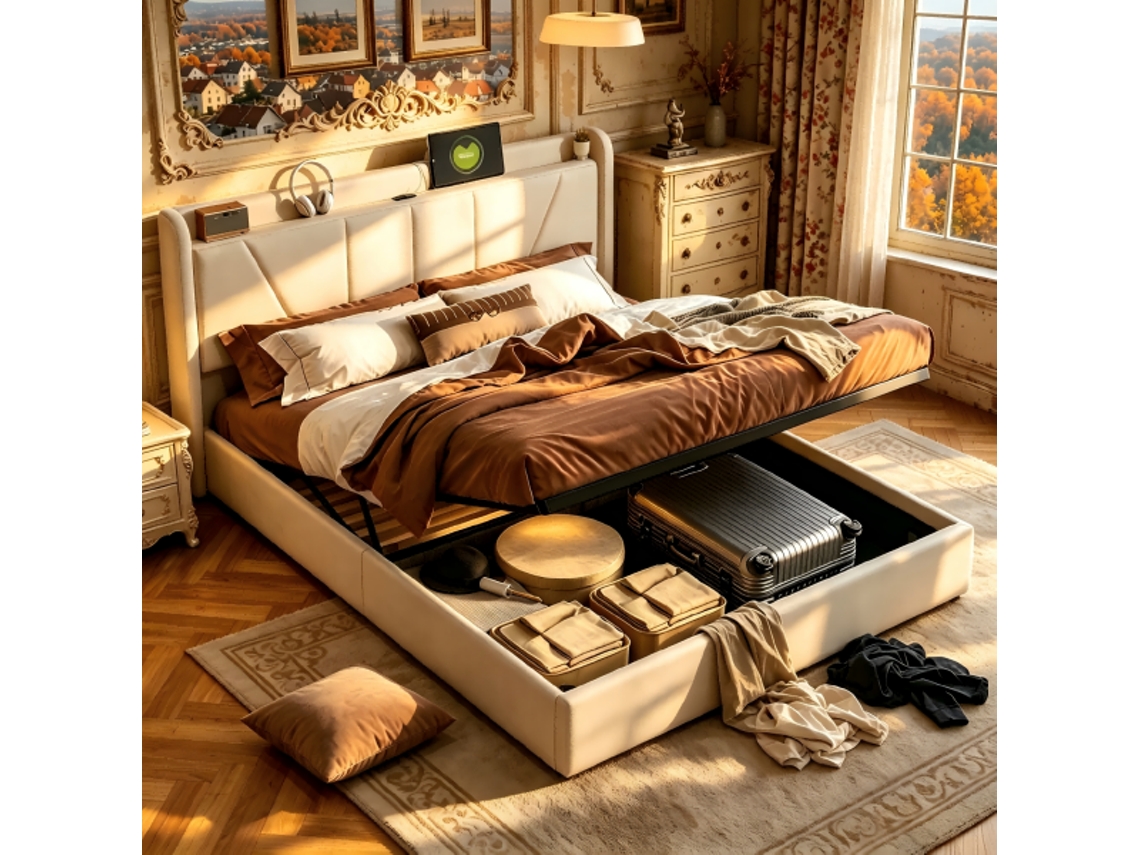 Cama Com Arrumação 140x200, 2 Portas Usb E 1 Porta Type C,para Adultos, Mecanismo Hidráulico, Cabeceira Em Algodão, Sem Colchão, Bege, Mdf, Linho