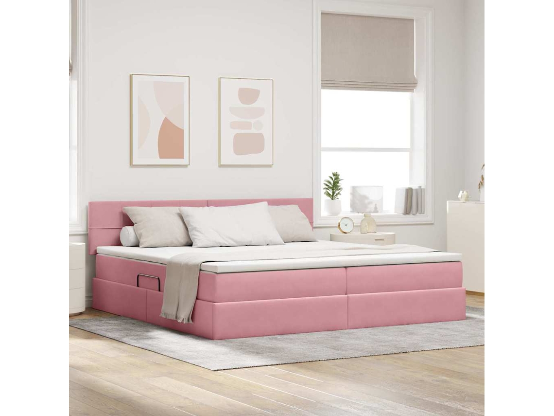 Vidaxl Cama De Armazenamento Led Com Colchão Rosa 200 X 200 Cm Veludo