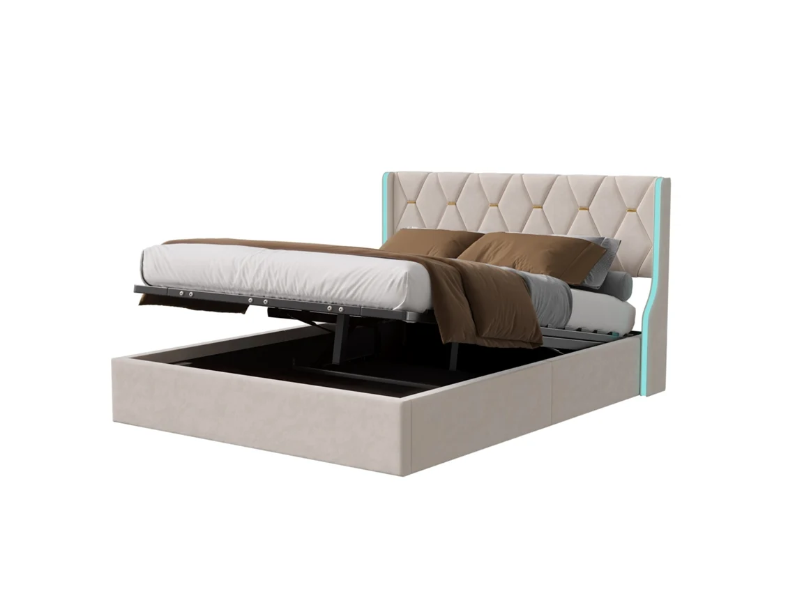 Cama De Casal Estofada 140x200 Cm, Cama Com Arrumação, Estrutura De Cama Com Estrado De Ripas E Iluminação Led, Cama Juvenil, Cama Estofada Mexus