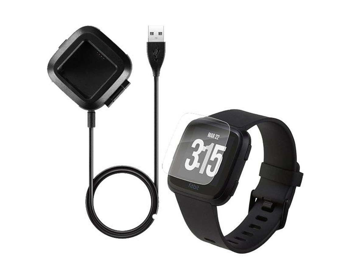 Kit Carregador Usb Charger Película Protectora Ecrã Vidro Fitbit Versa