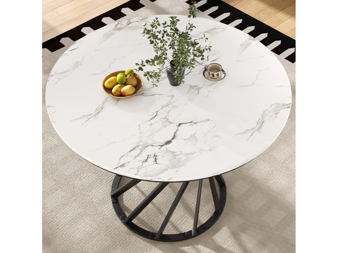 Mesa Redonda 80×80×76cm Tampo Marmorizado Mdf Pés Metálicos Pretos Multifunção Doméstica