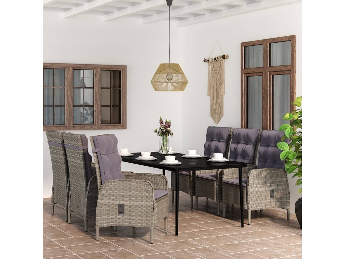 Vidaxl 7 Pcs Conjunto De Jantar P/ Jardim C/ Almofadões Cinza E Preto