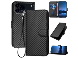 Capa De Couro Para Iphone 17 Pro - Fivela Em Fibra De Carbono - Com Cordão