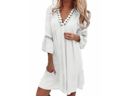 Vestido curto boho com decote em V e mangas 3/4, perfeito para férias de verão na praia em 2026.